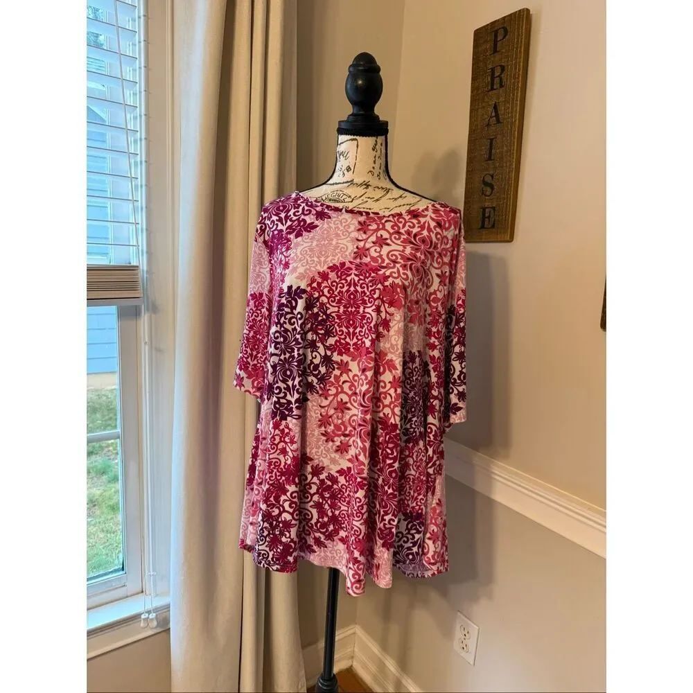 Chico's Zenergy Women's 3/4 Sleeve Pullover Popover Tunic Blouse Pink Red Size 3
